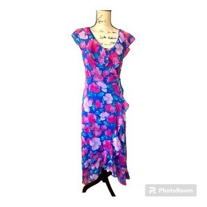 London Times Blue Floral High Low Wrap Sleeveless Dress NWT